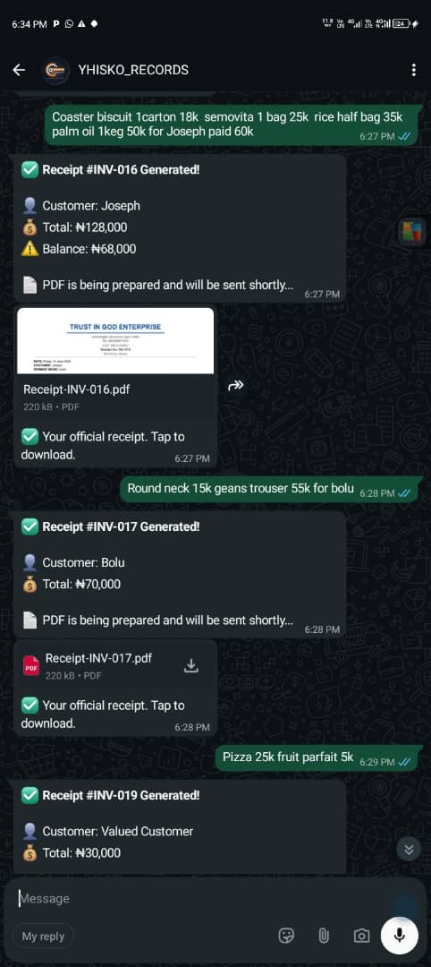Yhisko Records receipt generation on WhatsApp